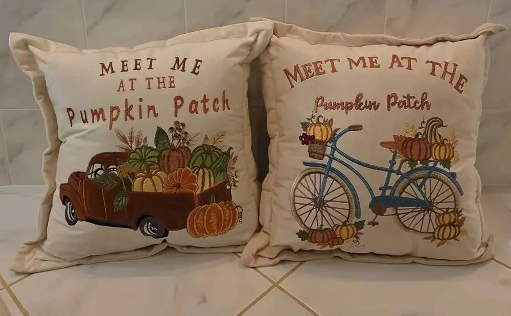 New Set of 2 Fall Autumn Farmhouse Throw Pillows Meet Me At The Pumpkin Patch...